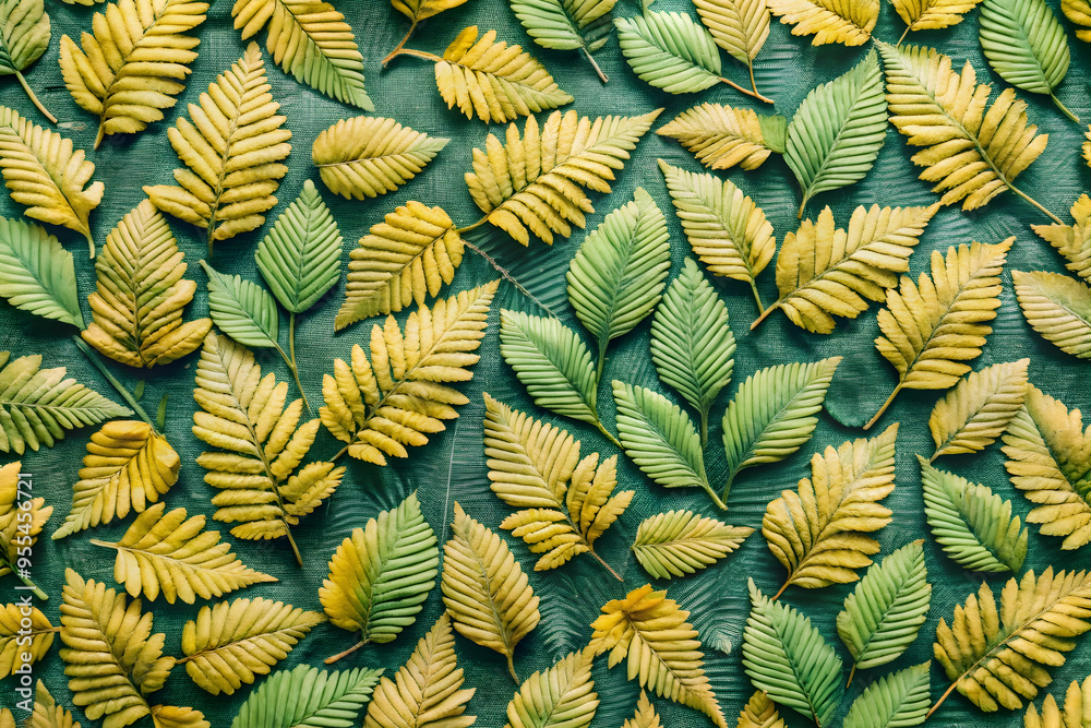 Obraz premium Autumnal Tapestry: A symphony of green and gold leaves arranged in a captivating flat lay, evoking the warmth and beauty of fall. 