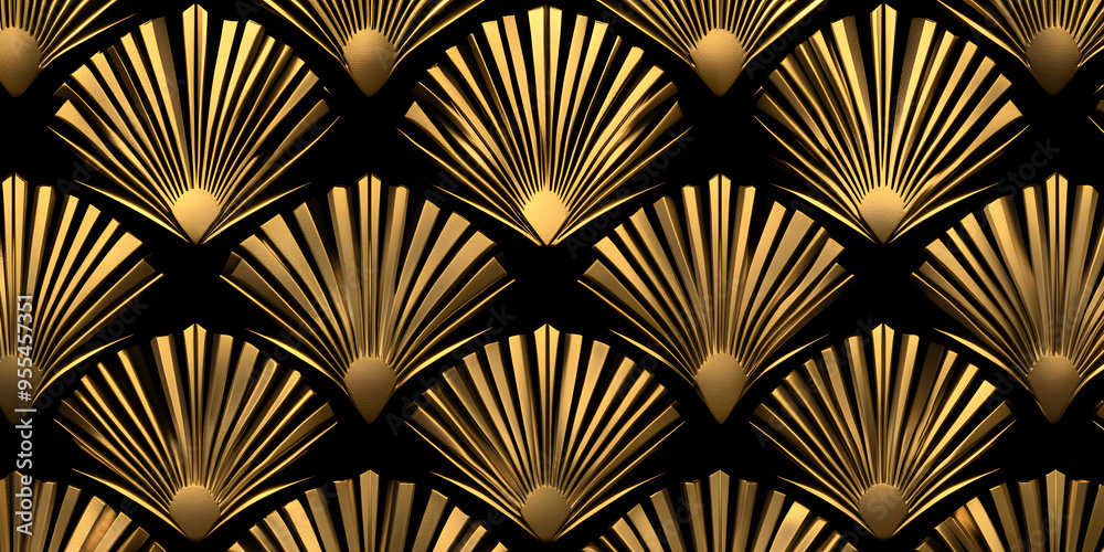 Seamless golden Art Deco diamond palm fan or shell line pattern. Vintage 1920 geometric gold plated relief sculpture on dark black background. Modern elegant metallic luxury backdrop. 3D rendering. Seamless golden Art Deco diamond palm fan or shell line pattern. Vintage 1920 geometric gold plated relief sculpture on dark black background. Modern elegant metallic luxury backdrop. 3D rendering.