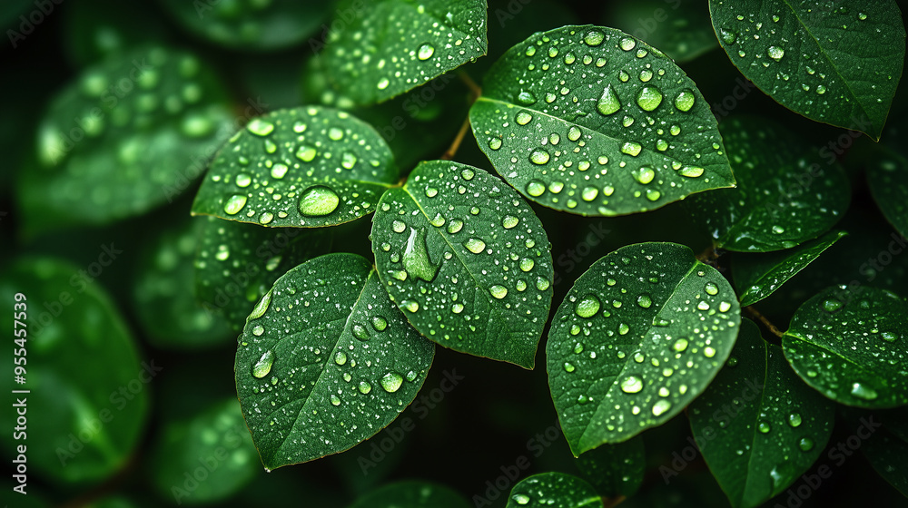 Fototapeta premium Close-up of green leaves with water droplets. nature background