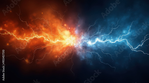 Electrifying Fire and Ice: Dramatic Lightning Clash of Orange and Blue Energy - Abstract Storm Background for Power, Conflict, and Elemental Force Concepts