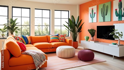 Modern Living Room with Vibrant Colors and Natural Light