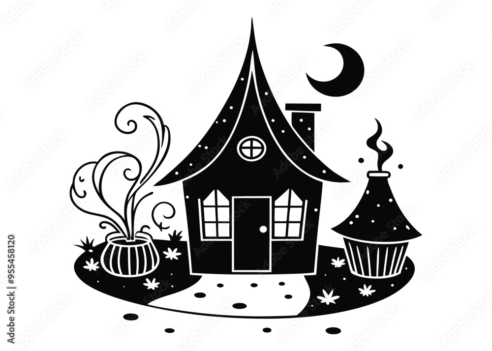 Fototapeta premium Black Silhouette of Haunted House with Bat and Bare Tree Vector Illustration