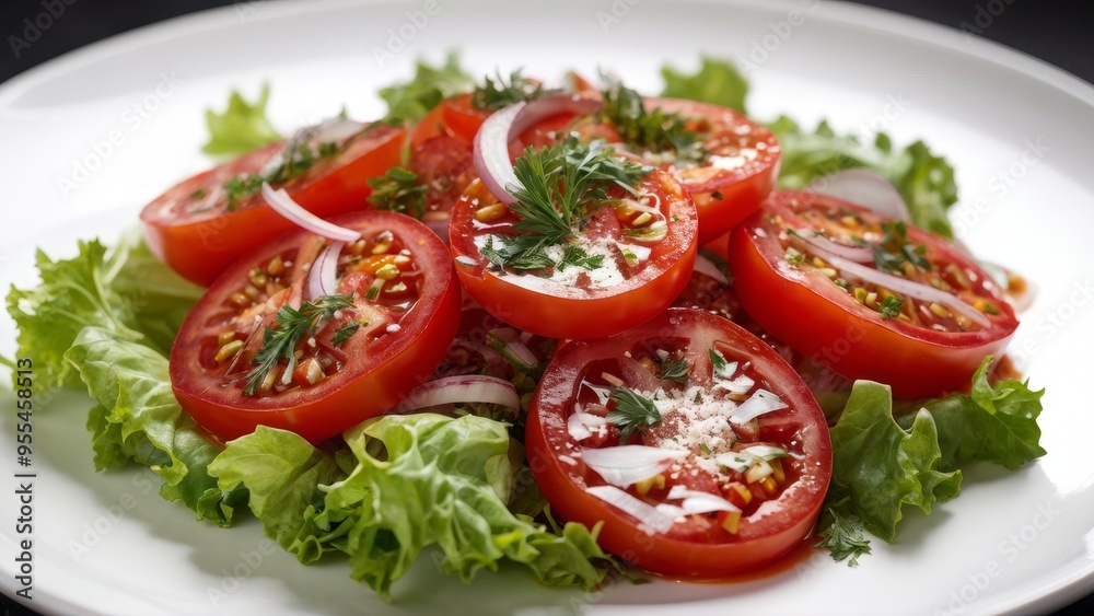 Tomato salad decorated with rings of red onion and abundantly poured with oil. Tomato salad decorated with rings of red onion and abundantly poured with oil.
