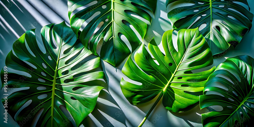 Obraz premium Tropical Leaf Patterns: A captivating close-up of lush, green Monstera leaves, bathed in soft, dappled sunlight, showcasing the intricate veins and textures of nature's artistry. 