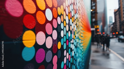 Urban street scene featuring a dynamic dotted mural covering a wall, with pedestrians walking by, accentuating the city's lively, colorful ambiance and artistic expression. photo