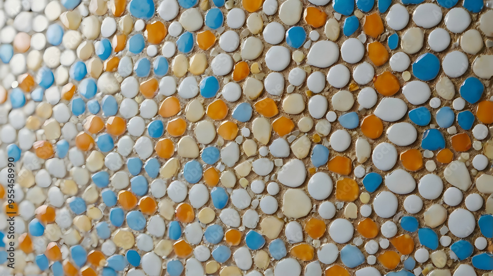 Pebble Mosaic: A vibrant tapestry of smooth, rounded pebbles in a spectrum of blue, orange, and white hues creates a captivating texture. 