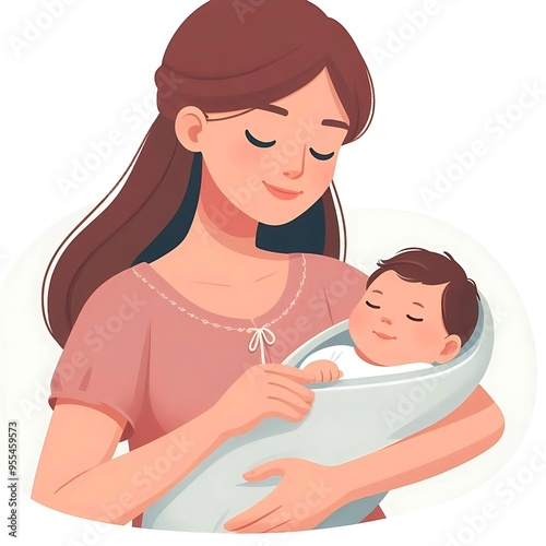 Mother holding newborn baby, flat style illustration, white background, isolated, pastel colors 