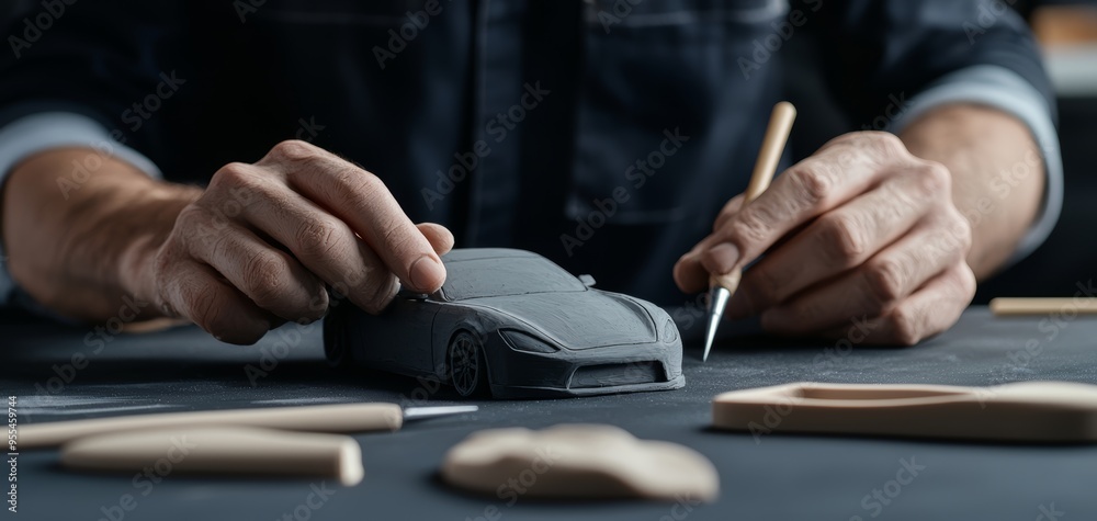 Fototapeta premium Close-up of an automotive designer sculpting a car model from clay, fine-tuning the details with precision tools