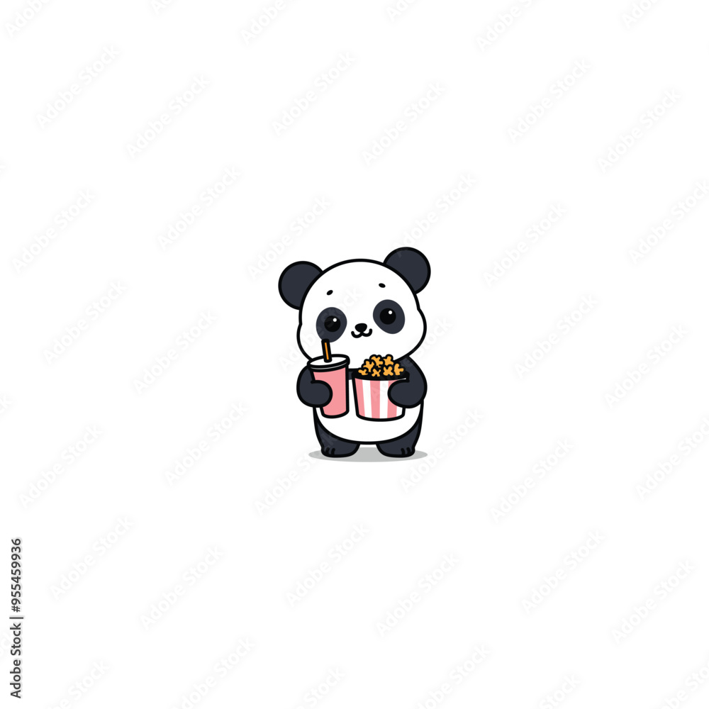 Cute panda holding a drink and popcorn cartoon, vector illustration
