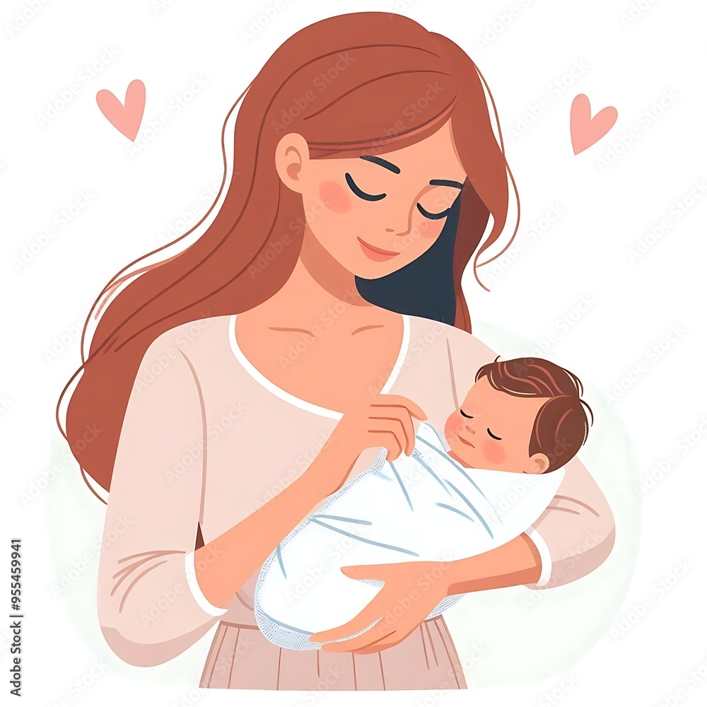 Mother holding newborn baby, flat style illustration, white background, isolated, pastel colors Mother holding newborn baby, flat style illustration, white background, isolated, pastel colors