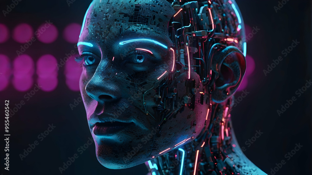 Cyborg in Neon: A mesmerizing close-up of a cyborg with glowing blue eyes and headphones, their face adorned with intricate circuitry against a backdrop of vibrant neon lights, conjuring a futuristic Cyborg in Neon: A mesmerizing close-up of a cyborg with glowing blue eyes and headphones, their face adorned with intricate circuitry against a backdrop of vibrant neon lights, conjuring a futuristic