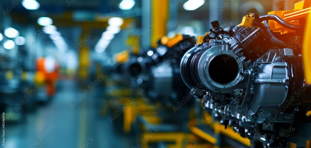 Engine production line in a high-tech automotive factory, emphasizing the precision and coordination involved in mass production Engine production line in a high-tech automotive factory, emphasizing the precision and coordination involved in mass production