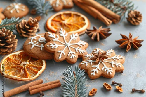 Gingerbread cookies shaped like snowflakes, surrounded by dried oranges, cinnamon sticks, pinecones, and star anise, evoking a festive holiday spirit.