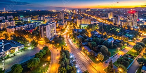 Wallpaper Mural Cityscape at Dusk - Aerial View of Illuminated Buildings and Roads, city lights, urban, sunset, aerial photography, drone photography Torontodigital.ca