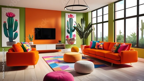 Modern Living Room with Vibrant Colors and Natural Light