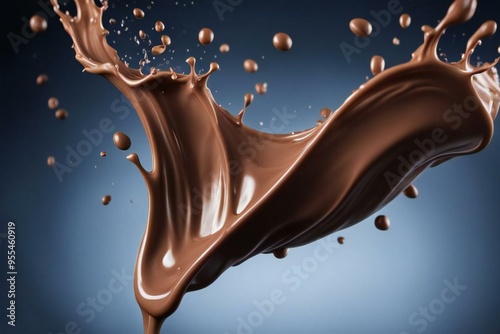 Melted Chocolate Splash with Droplets, Close up. Chocolate splash with droplets flying isolated on white background. Liquid melted chocolate or cocoa drip down with pour stream and create a crowns and