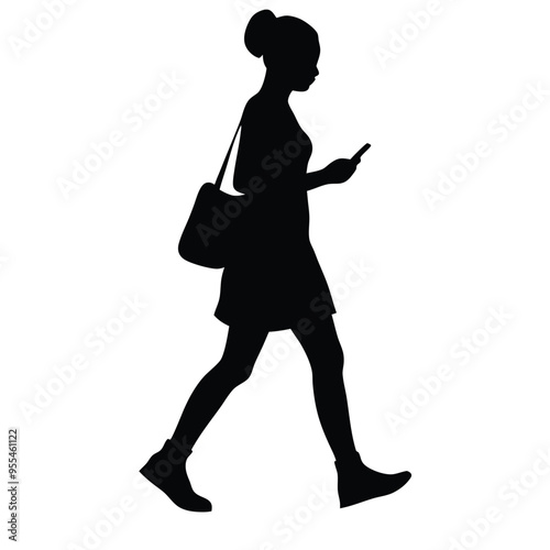 a female college girl walking while holding a cell phone, vector silhouette, isolated white background 