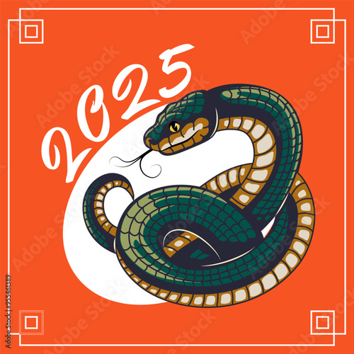 2025 Chinese calendar new year banner. Cute green wood snake horoscope zodiac symbol. Asian lunar astrology for greeting card, cover, sticker. Vector illustration.