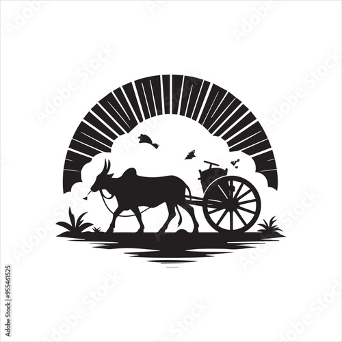 bullock cart wheel silhouette vector With White Background 