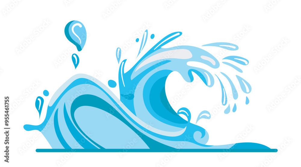 Flat vector illustration of an ocean wave in shades of blue the wave ...