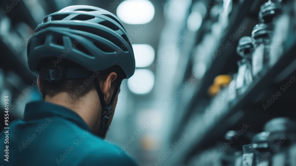 The image captures a man wearing a safety helmet while standing in a storage aisle, possibly examining or selecting items amidst rows of industrial shelving. The image captures a man wearing a safety helmet while standing in a storage aisle, possibly examining or selecting items amidst rows of industrial shelving.