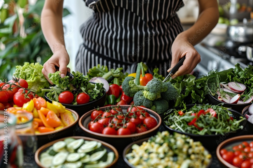 Close-up of a womans hands arranging fresh vegetables, including tomatoes, cucumbers, and lettuce, for a healthy meal in a home kitchen. Close-up of a womans hands arranging fresh vegetables, including tomatoes, cucumbers, and lettuce, for a healthy meal in a home kitchen.