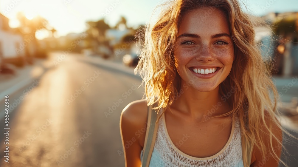 A blonde young woman is joyfully smiling as she walks down a sunlit street, radiating a sense of carefree happiness and natural beauty amidst an urban backdrop. A blonde young woman is joyfully smiling as she walks down a sunlit street, radiating a sense of carefree happiness and natural beauty amidst an urban backdrop.