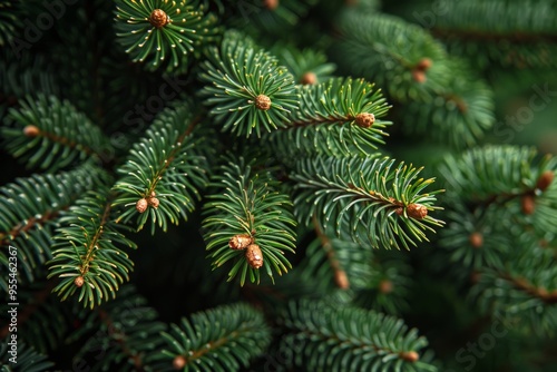 Close-up of snow-covered pine branches illuminated by soft bokeh lights, creating a magical winter scene.