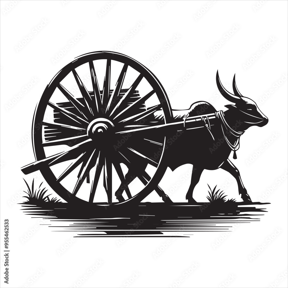 Fototapeta premium bullock cart wheel silhouette vector With White Background 