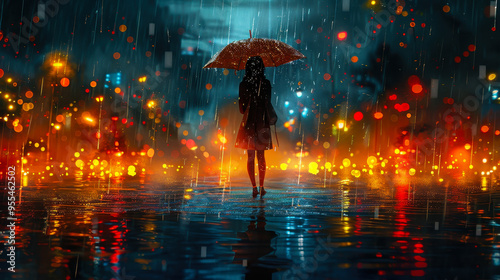 Lonely Woman Under Umbrella in Rainy Night City Lights, Digital Painting, Urban Solitude, Reflective Mood, Concept of Loneliness and Reflection, Vivid Bokeh, Nighttime Rainy Street Scene