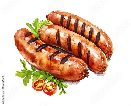 Grilled sausages, watercolor clipart illustration with isolated background.