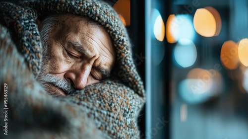 A warm, textured knitted fabric is captured in close-up, with soft, out-of-focus bokeh lights in the background, creating a cozy and inviting atmosphere. photo