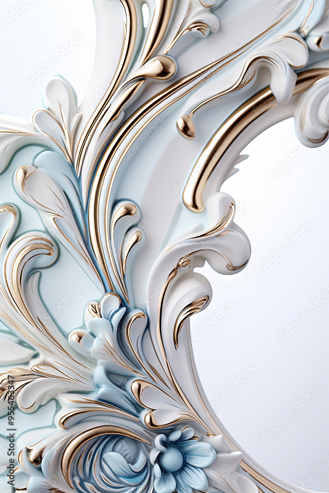 Ornament or element of art nouveau ceramic foliage frame corner. Close up luxury decoration with stylized leaves. Ornament or element of art nouveau ceramic foliage frame corner. Close up luxury decoration with stylized leaves.