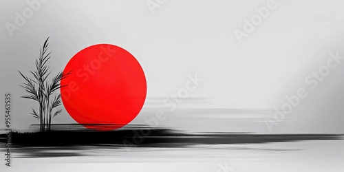 Abstract Red Sun with Black and White Horizon in Minimalist Landscape Art.