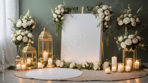 Golden Glow Wedding Welcome: An elegant white welcome sign, adorned with white roses and illuminated by golden lanterns, awaits wedding guests in a serene setting.  photo