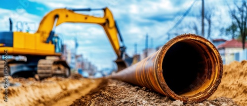 Large Pipe at Construction Site with Excavators