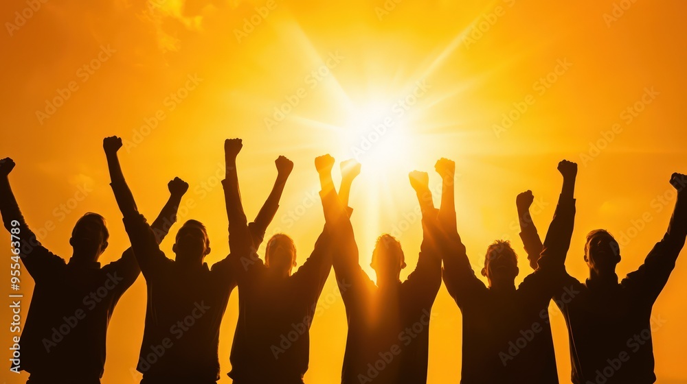 Team Celebrates Success: Group raises arms in triumph, basking in golden sunlight. Team Celebrates Success: Group raises arms in triumph, basking in golden sunlight.