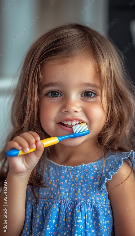 Adorable close up of a little girl brushing her teeth with a colorful plastic toothbrush Adorable close up of a little girl brushing her teeth with a colorful plastic toothbrush