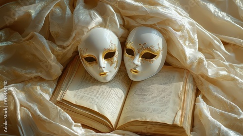 Theatrical Masks on Book: White masks with gold accents on a vintage book draped in silk.