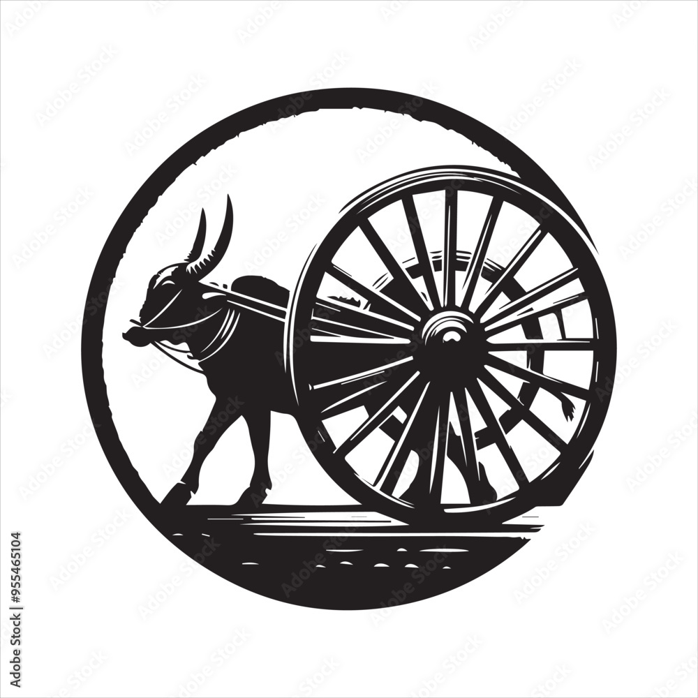 Fototapeta premium bullock cart wheel silhouette vector With White Background 