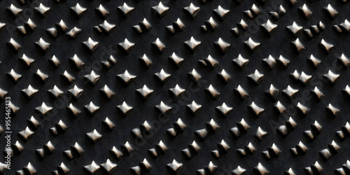 Knurling dark metal diamond studs seamless texture. Industrial construction background or metallic rivets for punk rock biker belt or fashion accessory. 8K high resolution 3D material rendering.