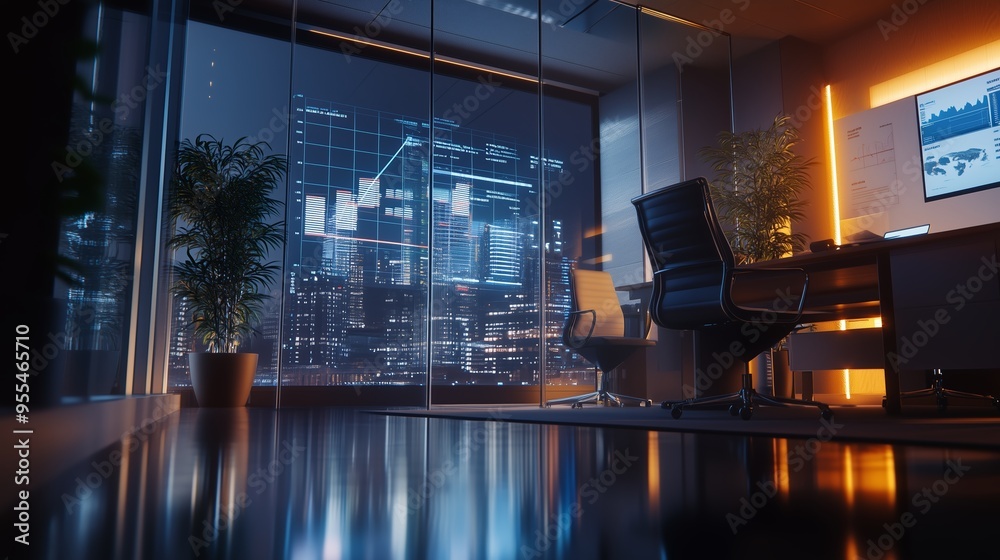 Modern office interior with a city skyline view featuring financial graphs at night Modern office interior with a city skyline view featuring financial graphs at night
