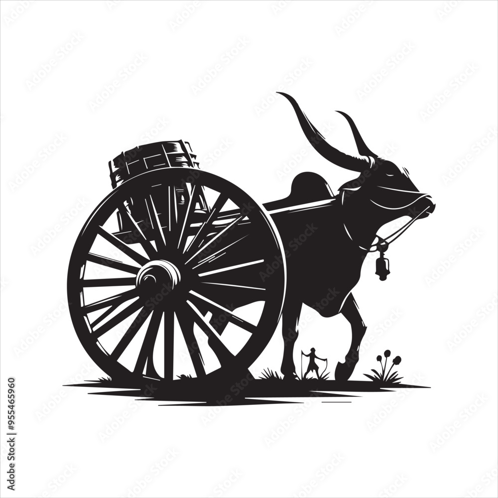 Fototapeta premium bullock cart wheel silhouette vector With White Background 