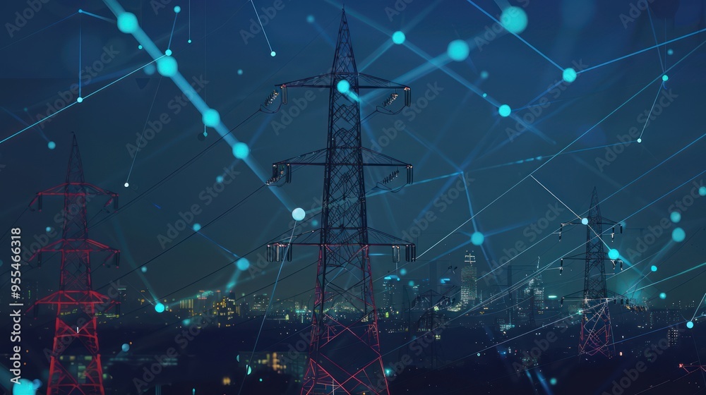 Electricity Transmission Towers Over Cityscape at Night Electricity Transmission Towers Over Cityscape at Night