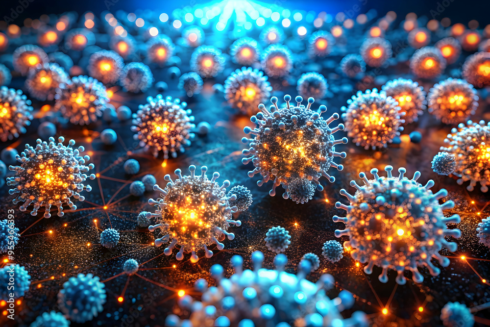 Microscopic Universe: A 3D rendering of glowing, intricate virus cells on a dark, textured background, evoking a sense of scientific wonder and potential threats. Microscopic Universe: A 3D rendering of glowing, intricate virus cells on a dark, textured background, evoking a sense of scientific wonder and potential threats.