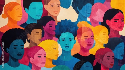 A vibrant community mural celebrating people of all backgrounds, symbolizing diversity and unity, rich watercolor splashes
