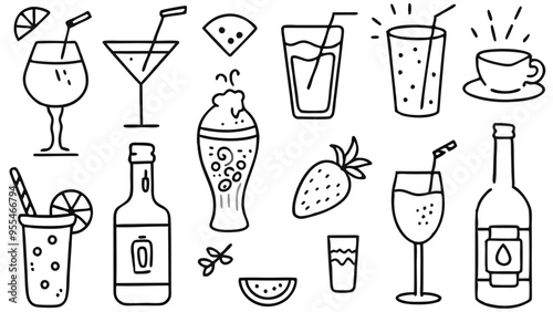 Set of Alcohol drink vector illustrations of beer mugs, beer, cocktails, soda, and juice, for party