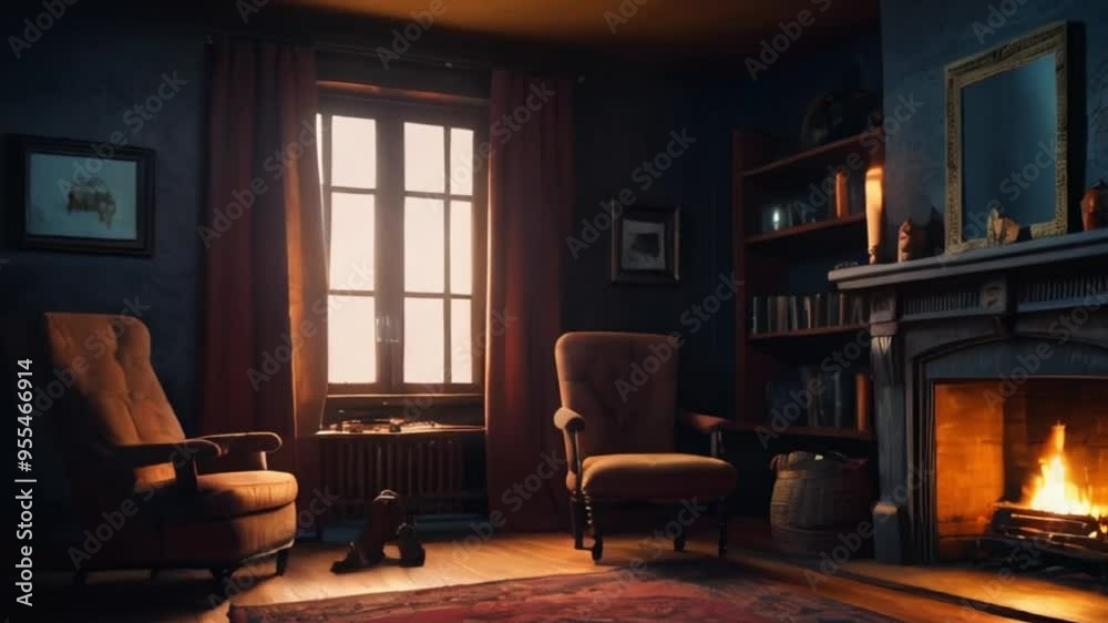Cozy Living Room with Fireplace, Window, and Two Armchairs Cozy Living Room with Fireplace, Window, and Two Armchairs