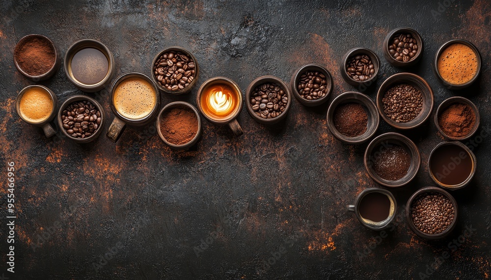 Aerial perspective of diverse coffee varieties creating a rich coffee themed background Aerial perspective of diverse coffee varieties creating a rich coffee themed background