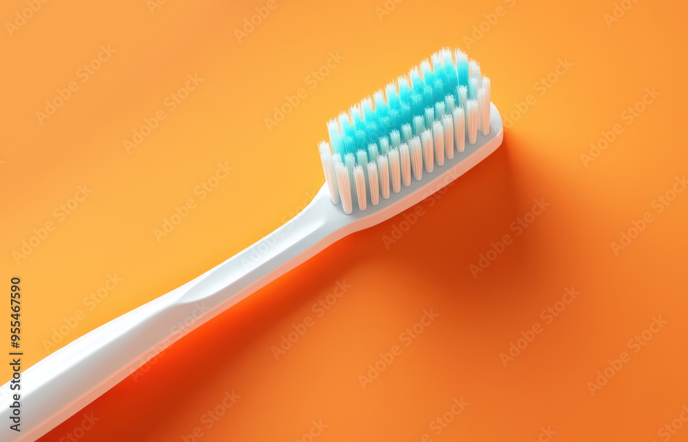 A modern toothbrush with white and blue bristles on an bright orange background. Concept of dental hygiene and oral care A modern toothbrush with white and blue bristles on an bright orange background. Concept of dental hygiene and oral care